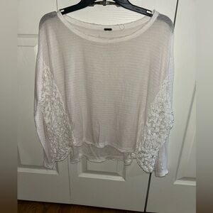 Free People White and Pink Striped Top with Lace Detailing on Sides